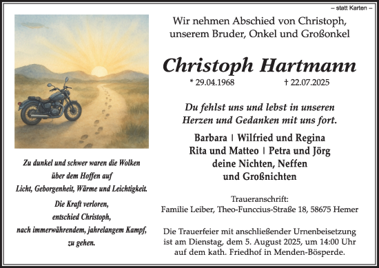 Traueranzeige von Christoph Hartmann von Tageszeitung