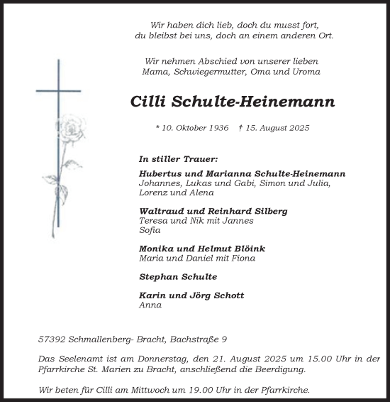 Traueranzeige von Cilli Schulte-Heinemann von Tageszeitung