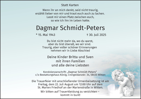 Traueranzeige von Dagmar Schmidt-Peters von Tageszeitung