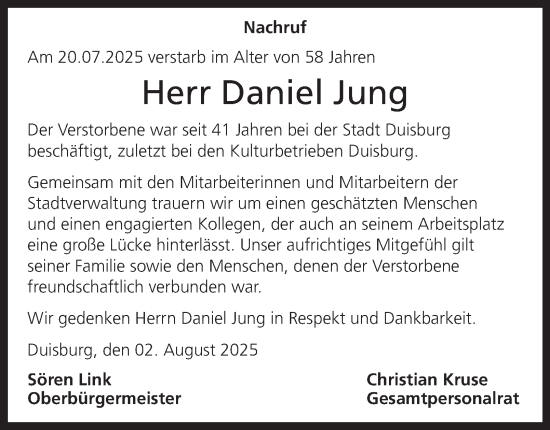 Traueranzeige von Daniel Jung von Tageszeitung