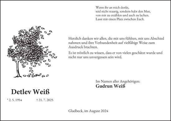 Traueranzeige von Detlev Weiß von Tageszeitung