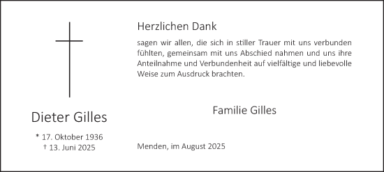 Traueranzeige von Dieter Gilles von Tageszeitung