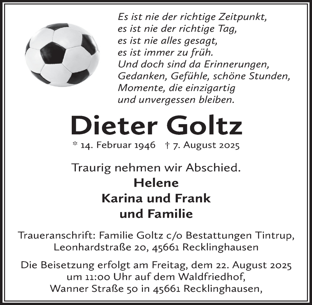  Traueranzeige für Dieter Goltz vom 21.08.2025 aus Tageszeitung