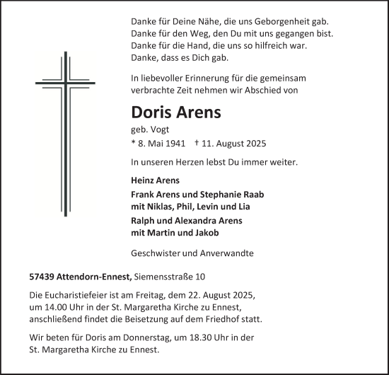 Traueranzeige von Doris Arens von Tageszeitung