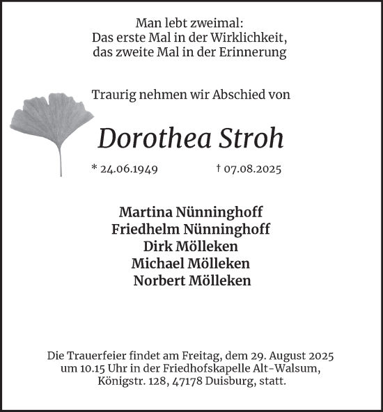 Traueranzeige von Dorothea Stroh von Tageszeitung