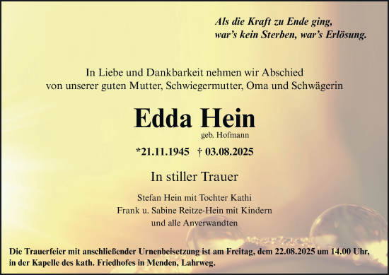 Traueranzeige von Edda Hein von Tageszeitung