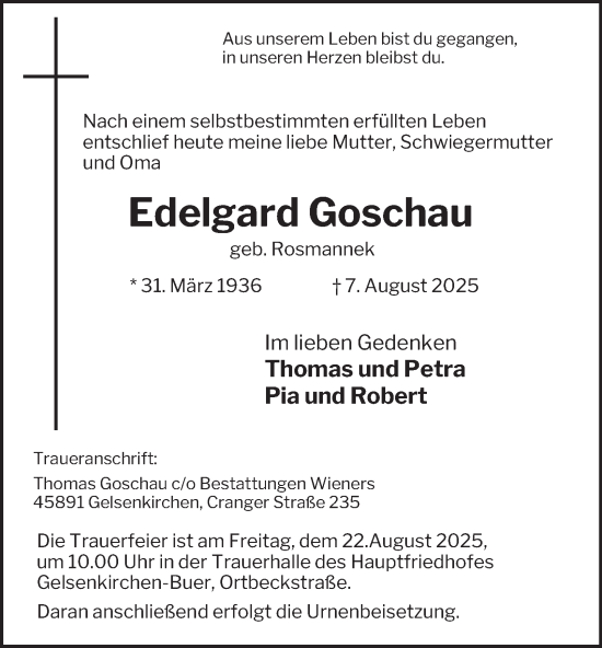 Traueranzeige von Edelgard Goschau von Tageszeitung