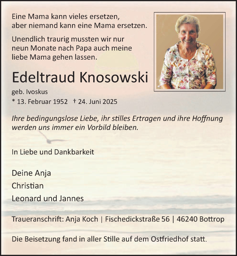  Traueranzeige für Edeltraud Knosowski vom 02.08.2025 aus Tageszeitung