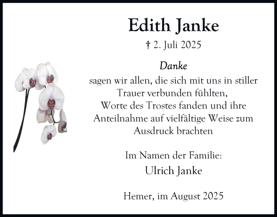 Traueranzeige von Edith Janke von Tageszeitung