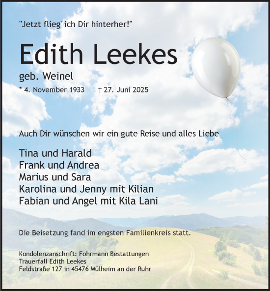 Traueranzeige von Edith Leekes von Tageszeitung