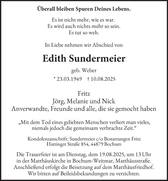 Traueranzeige von Edith Sundermeier von Tageszeitung