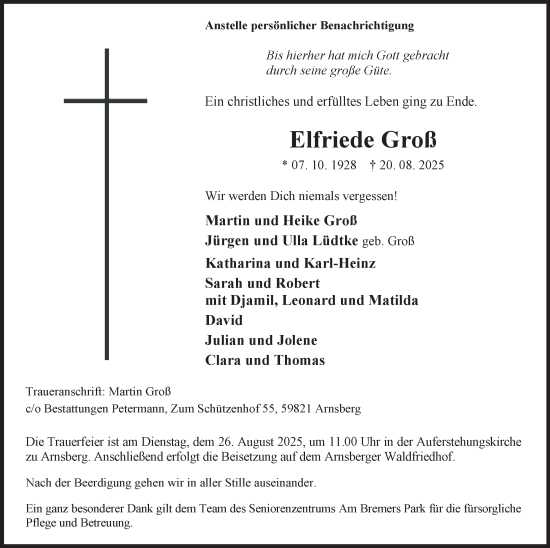 Traueranzeige von Elfriede Groß von Tageszeitung