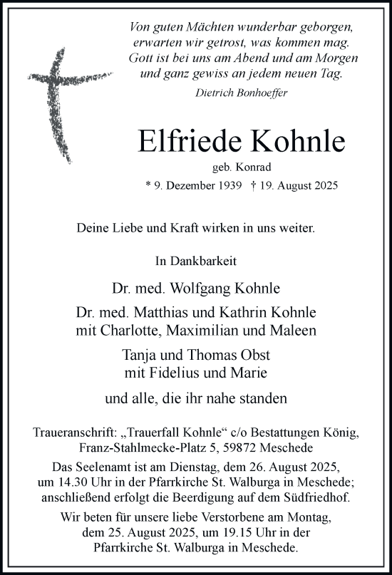 Traueranzeige von Elfriede Kohnle von Tageszeitung