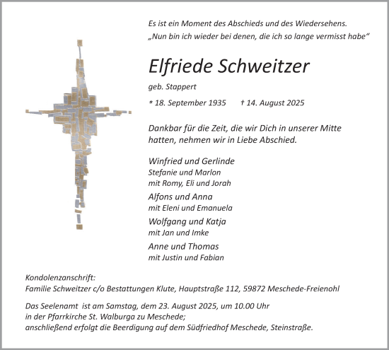 Traueranzeige von Elfriede Schweitzer von Tageszeitung