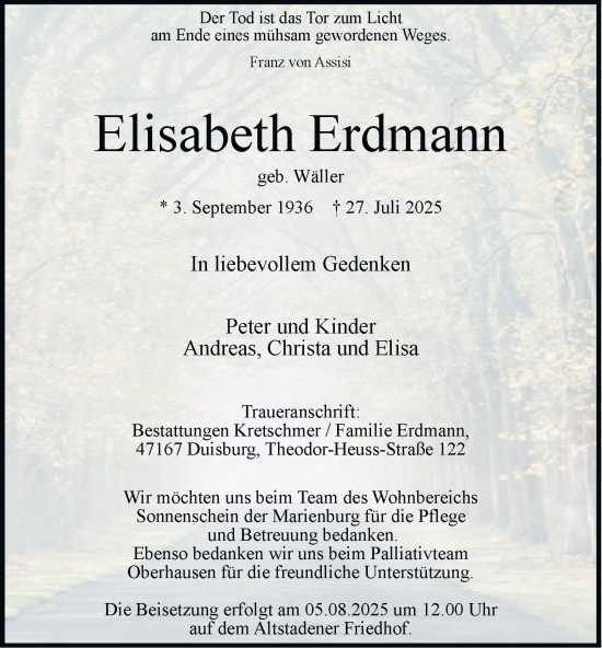 Traueranzeige von Elisabeth Erdmann von Tageszeitung