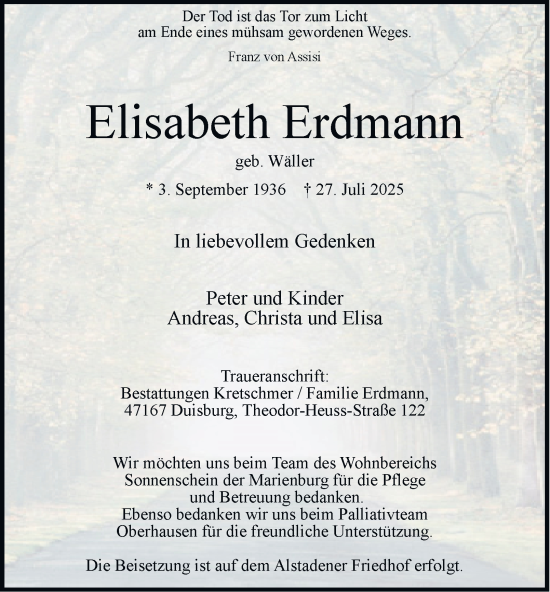 Traueranzeige von Elisabeth Erdmann von Tageszeitung