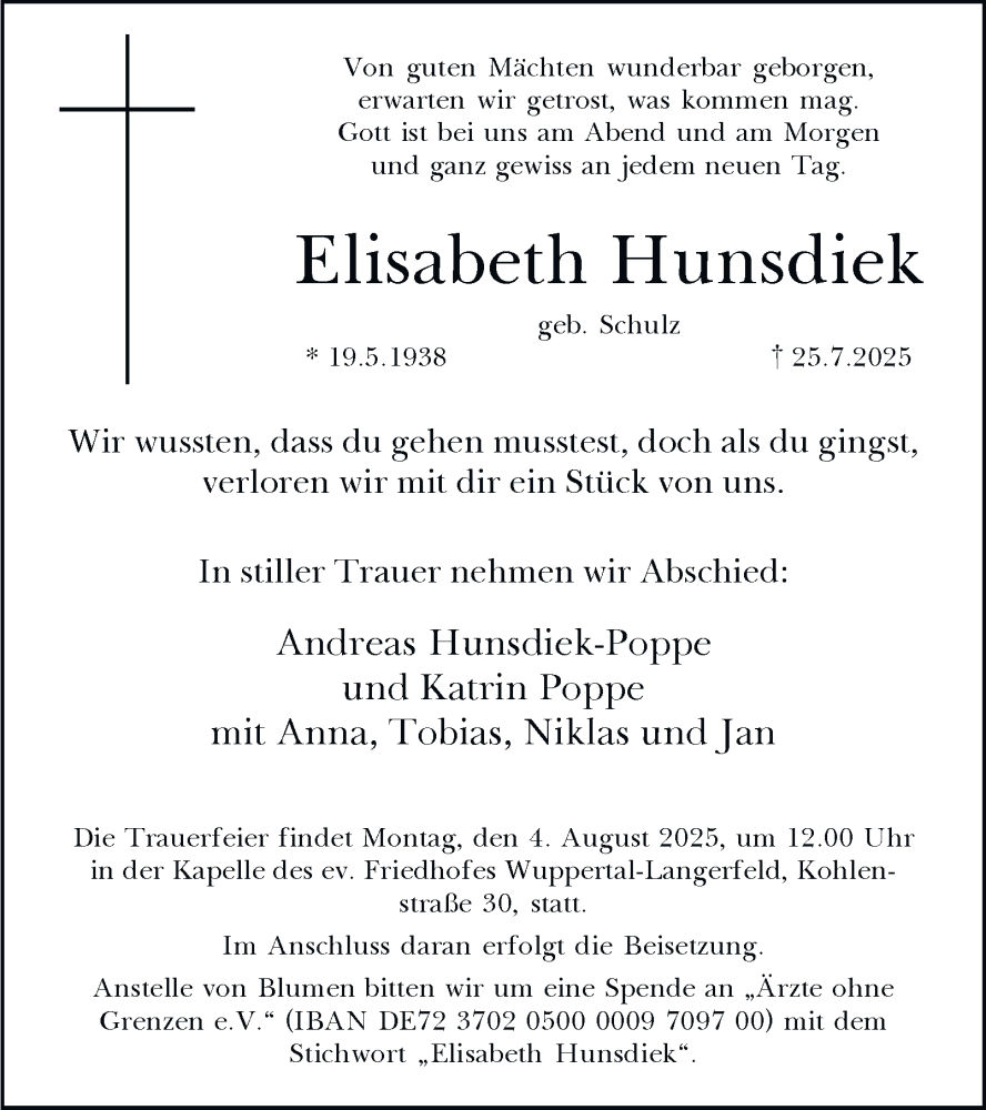 Traueranzeige für Elisabeth Hunsdiek vom 02.08.2025 aus Tageszeitung