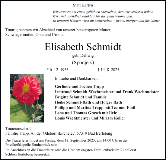Traueranzeige von Elisabeth Schmidt von Tageszeitung