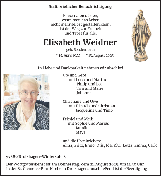 Traueranzeige von Elisabeth Weidner von Tageszeitung