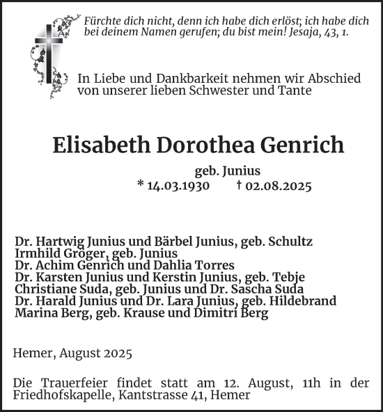 Traueranzeige von Elisabeth Dorothea Genrich von Tageszeitung