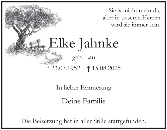 Traueranzeige von Elke Jahnke von Tageszeitung
