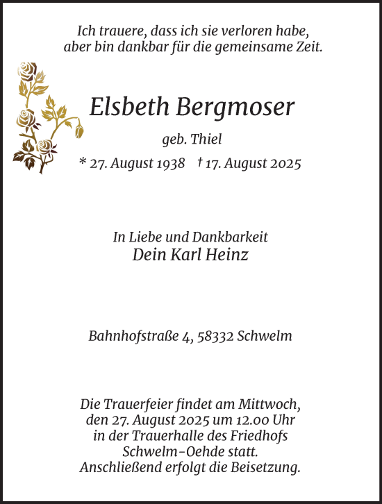 Traueranzeige von Elsbeth Bergmoser von Tageszeitung