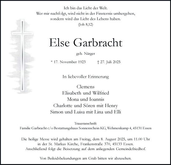 Traueranzeige von Else Garbracht von Tageszeitung