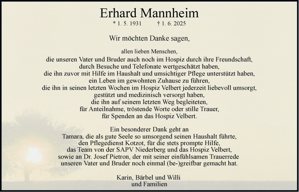  Traueranzeige für Erhard Mannheim vom 09.08.2025 aus Tageszeitung