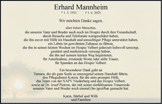 Traueranzeige von Erhard Mannheim von Tageszeitung