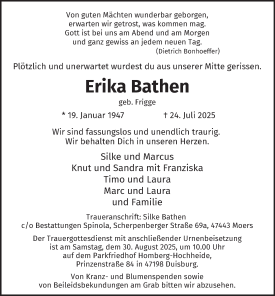 Traueranzeige von Erika Bathen von Tageszeitung