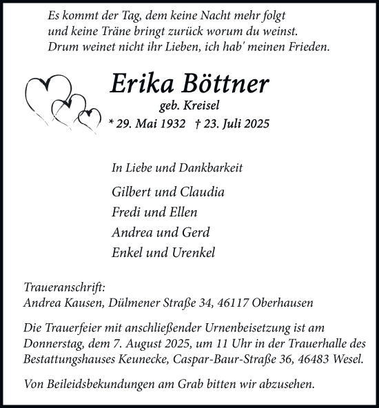 Traueranzeige von Erika Böttner von Tageszeitung