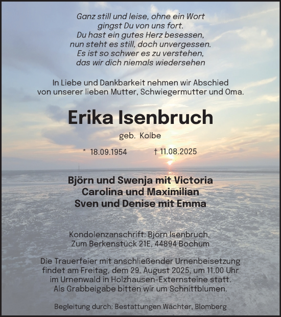 Traueranzeige von Erika Isenbruch von Tageszeitung