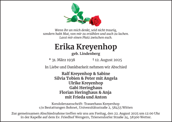 Traueranzeige von Erika Kreyenhop von Tageszeitung