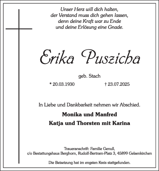 Traueranzeige von Erika Puszicha von Tageszeitung