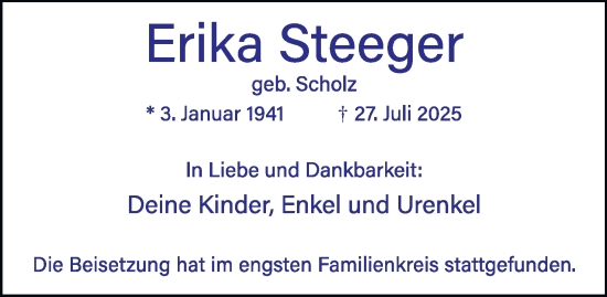 Traueranzeige von Erika Steeger von Tageszeitung