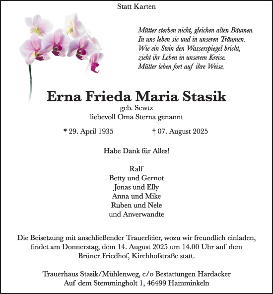 Traueranzeige von Erna Frieda Maria Stasik von Tageszeitung