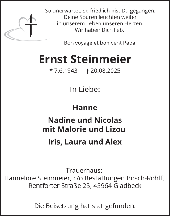 Traueranzeige von Ernst Steinmeier von Tageszeitung