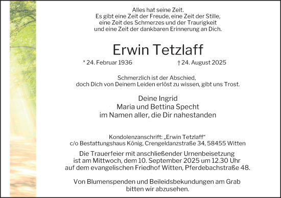 Traueranzeige von Erwin Tetzlaff von Tageszeitung