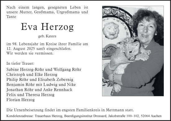 Traueranzeige von Eva Herzog von Tageszeitung