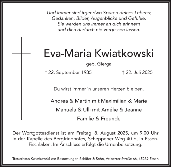 Traueranzeige von Eva-Maria Kwiatkowski von Tageszeitung