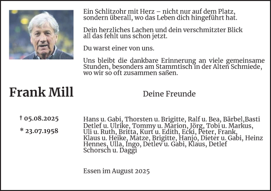 Traueranzeige von Frank Mill von Tageszeitung
