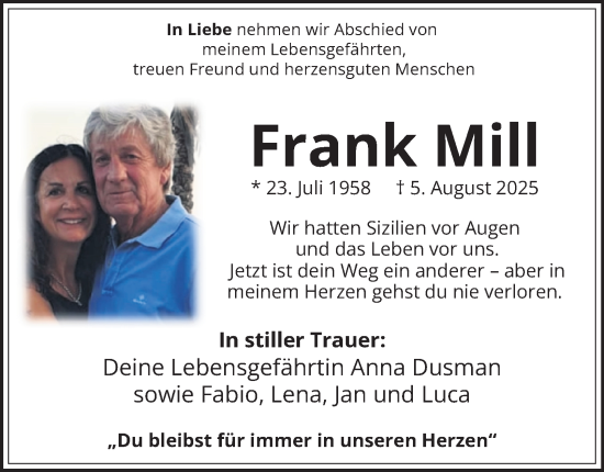 Traueranzeige von Frank Mill von Tageszeitung