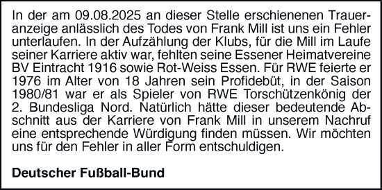 Traueranzeige von Frank Mill von Tageszeitung