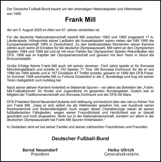 Traueranzeige von Frank Mill von Tageszeitung