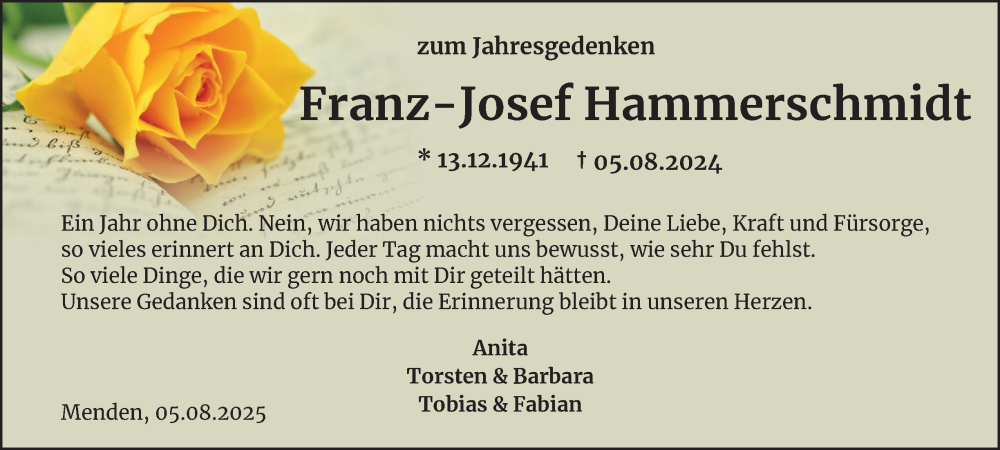  Traueranzeige für Franz-Josef Hammerschmidt vom 05.08.2025 aus Tageszeitung