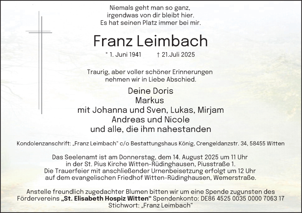  Traueranzeige für Franz Leimbach vom 02.08.2025 aus Tageszeitung