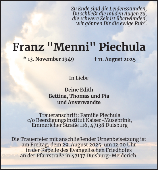 Traueranzeige von Franz Piechula von Tageszeitung