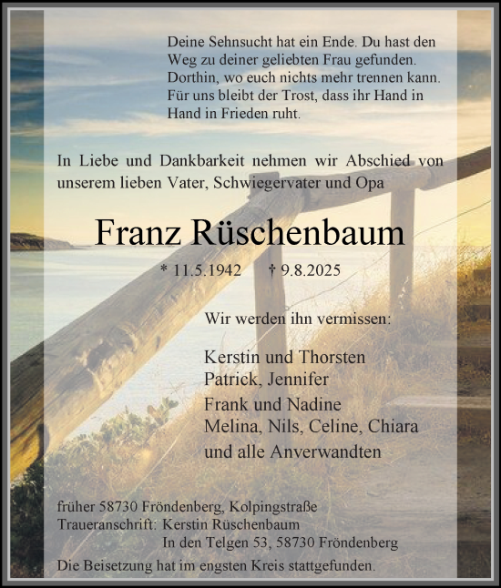 Traueranzeige von Franz Rüschenbaum von Tageszeitung