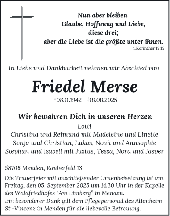 Traueranzeige von Friedel Merse von Tageszeitung