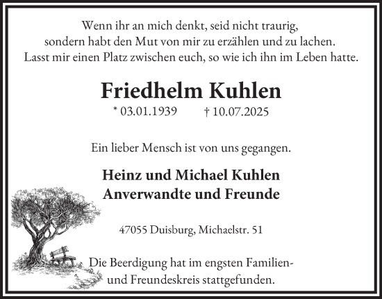 Traueranzeige von Friedhelm Kuhlen von Tageszeitung